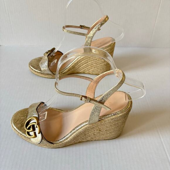 Gucci Aitana GG Marmont Espadrille Platform Wedge Heel Sandals Gold Size EU 37.5 - Picture 4 of 13